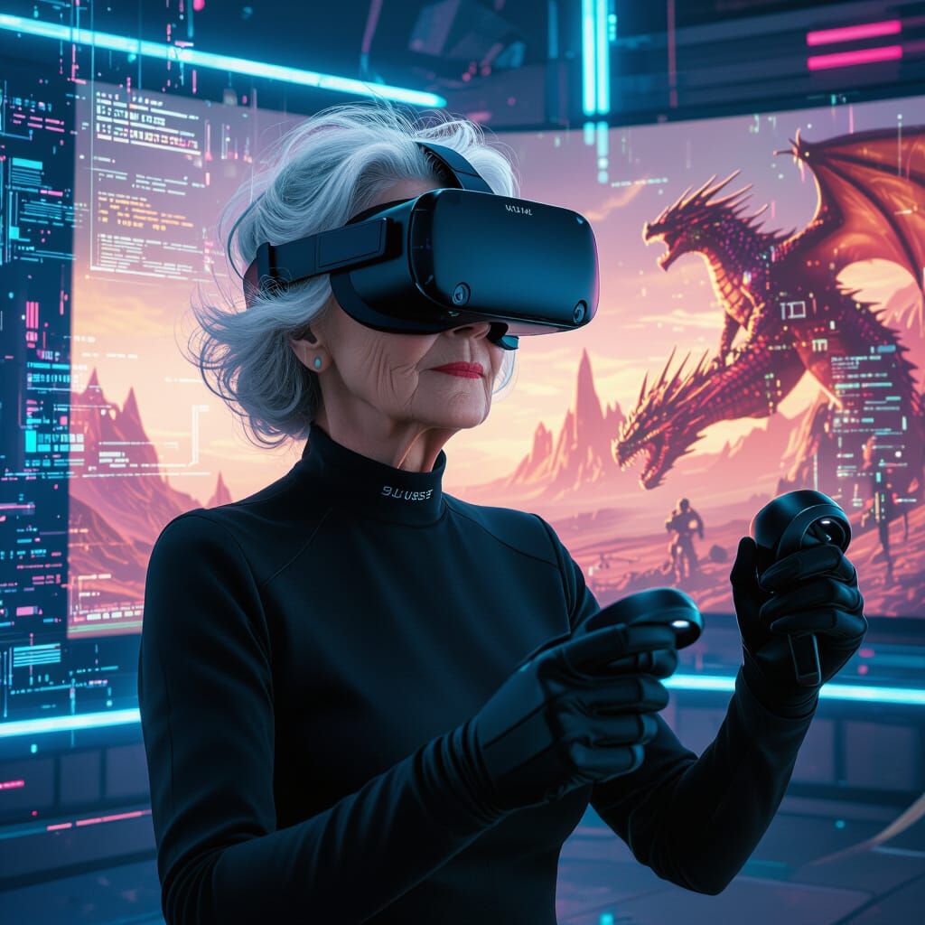 Elderly Woman's Futuristic VR Battle in Cyberpunk Style