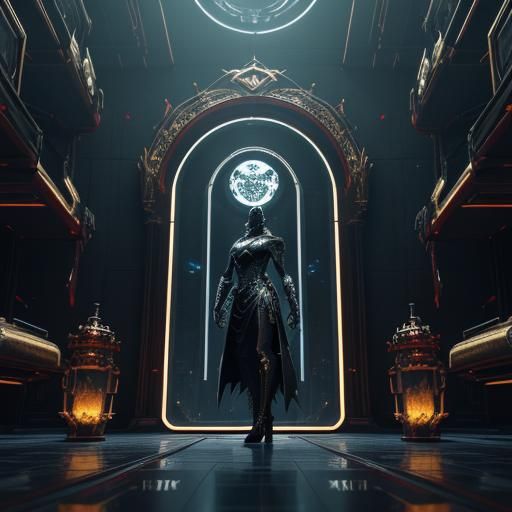 Cyberpunk High Priestess in Mystical Sci-Fi Setting