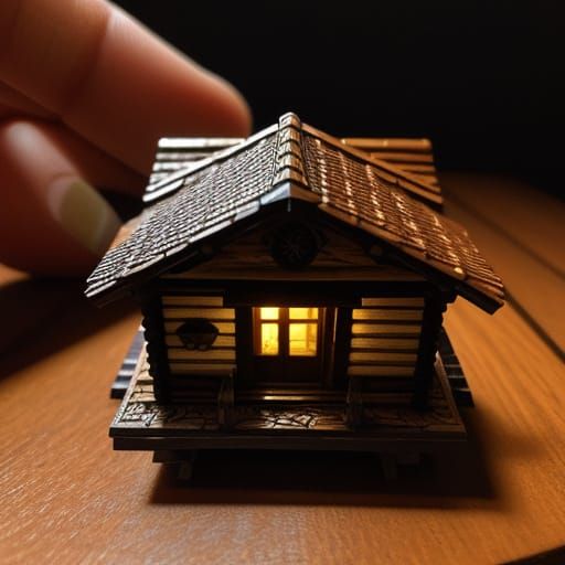 Hyper-Detailed Miniature Wooden House in Golden Light