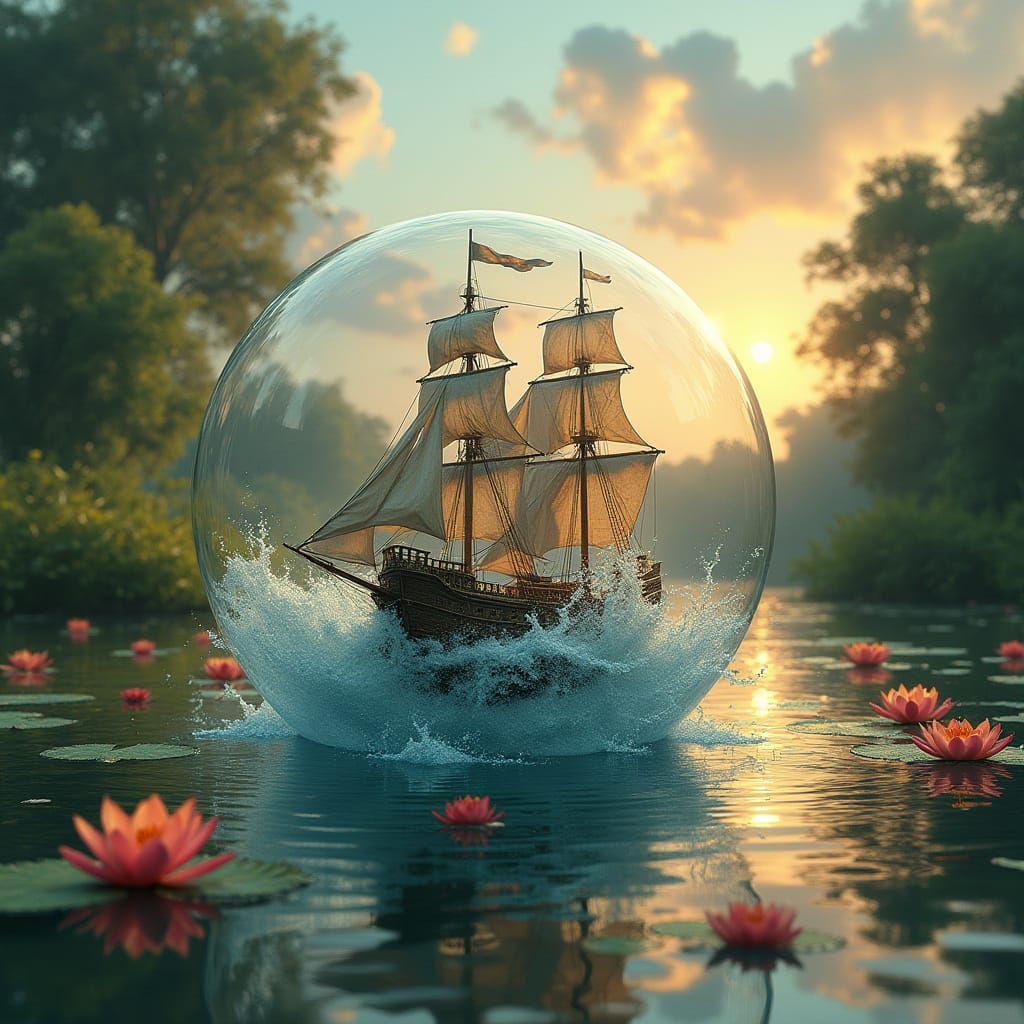 Surreal Pond Scene with Turbulent 15th-Century Caravel