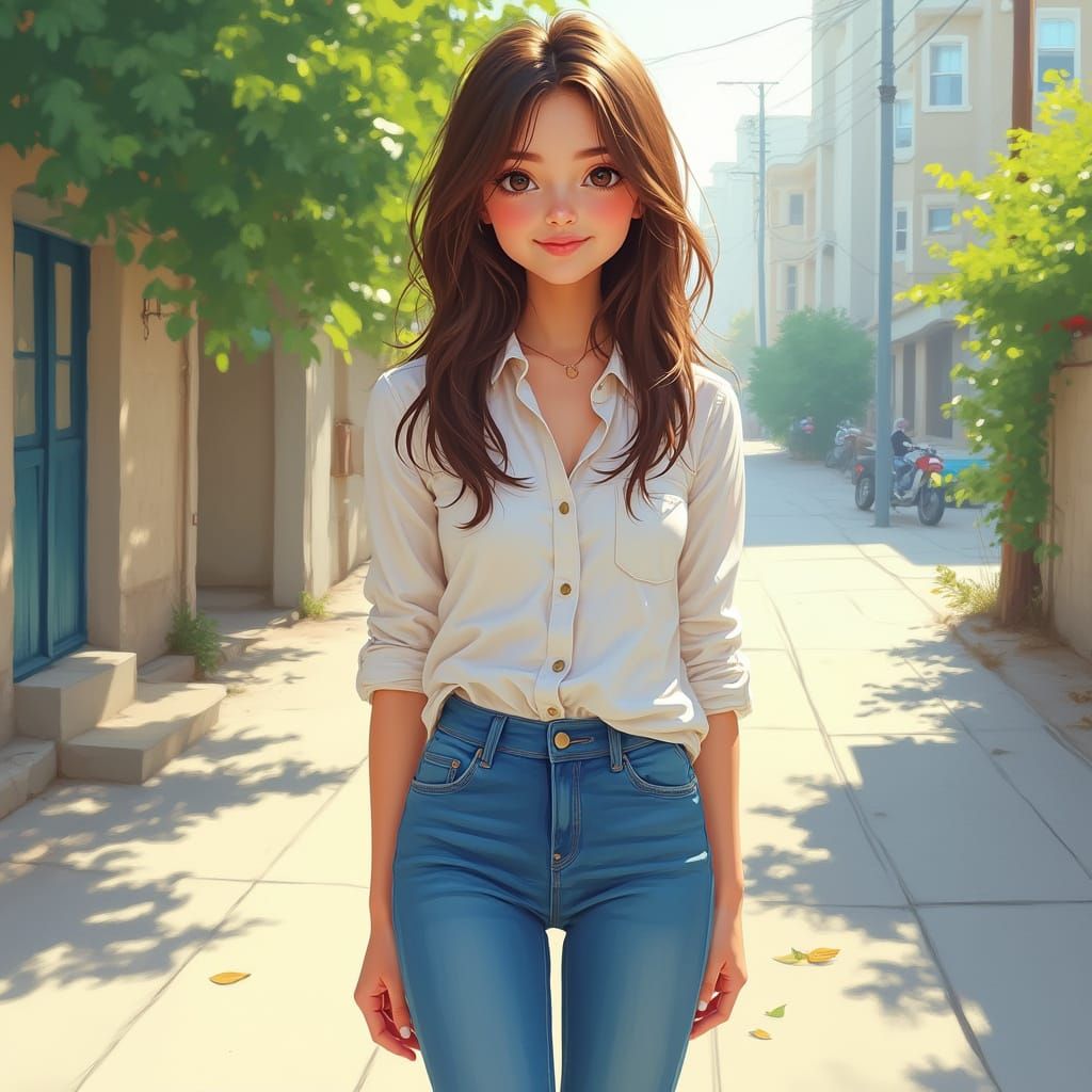 Girl in Casual Blue Jeans Stands in Vibrant Outdoor Setting