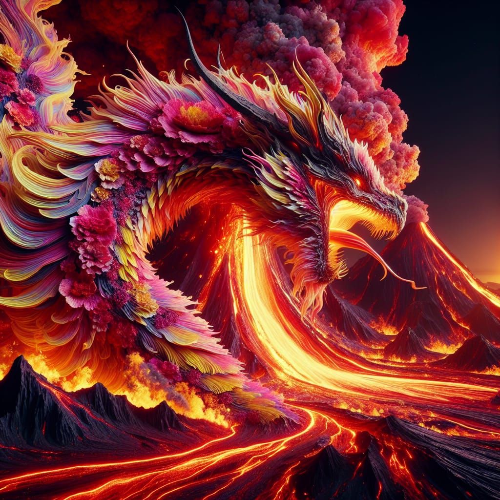 Surreal Pink and Yellow Dragon Emerges from Volcanic Eruptio...