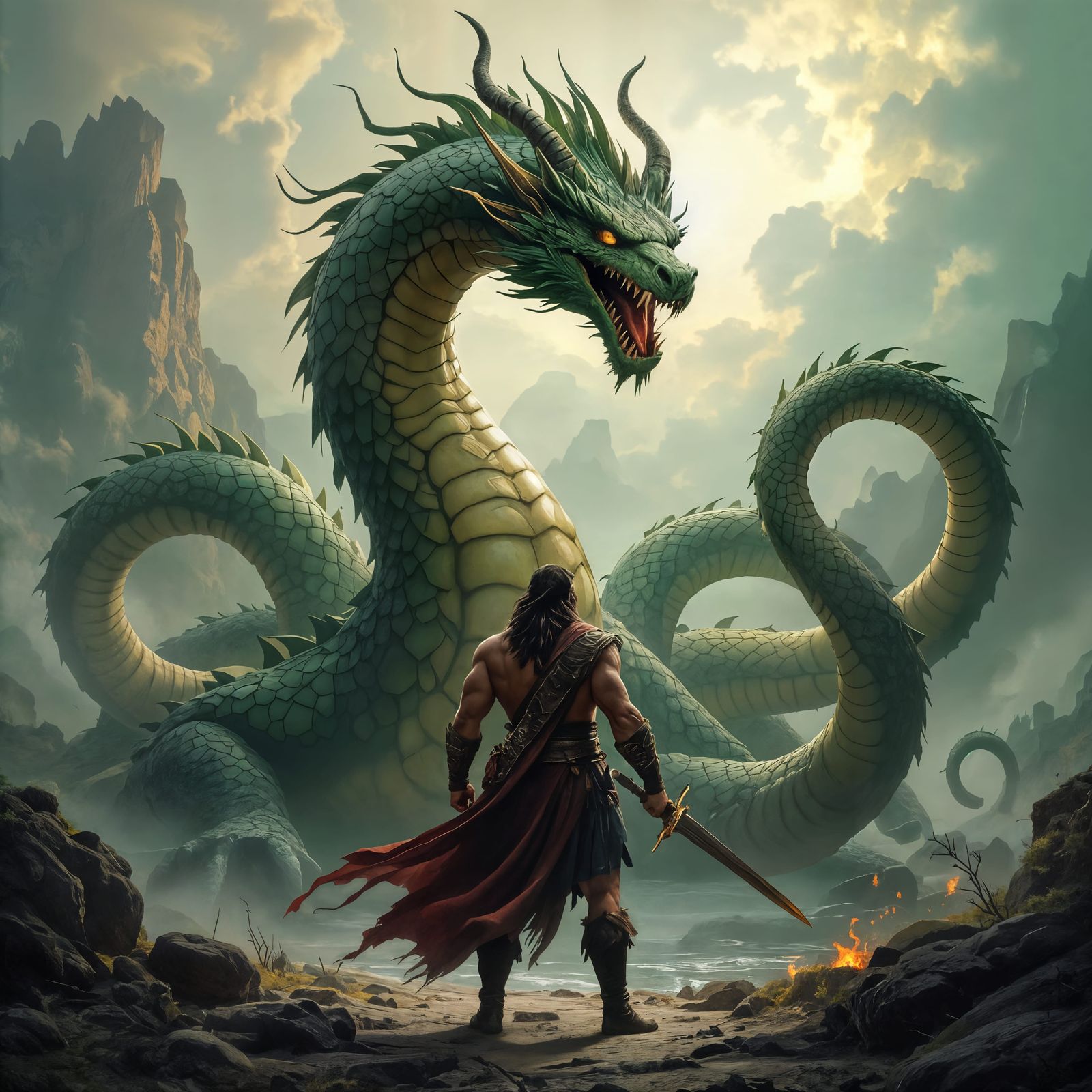 Hercules Confronts the Hydra in Mythological Battle