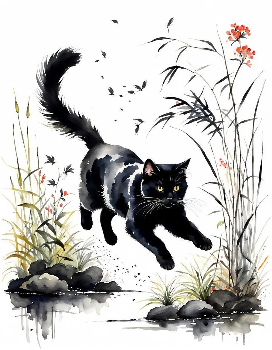 Black and White Cat in Wild Garden: Ink and Watercolor
