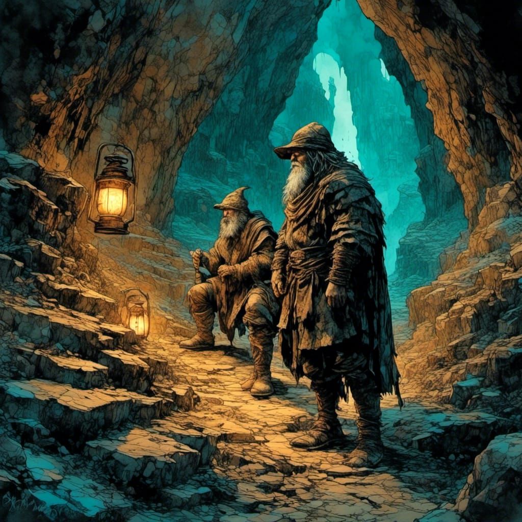 Dwarf Miners Explore Cavern in Cyberpunk Style