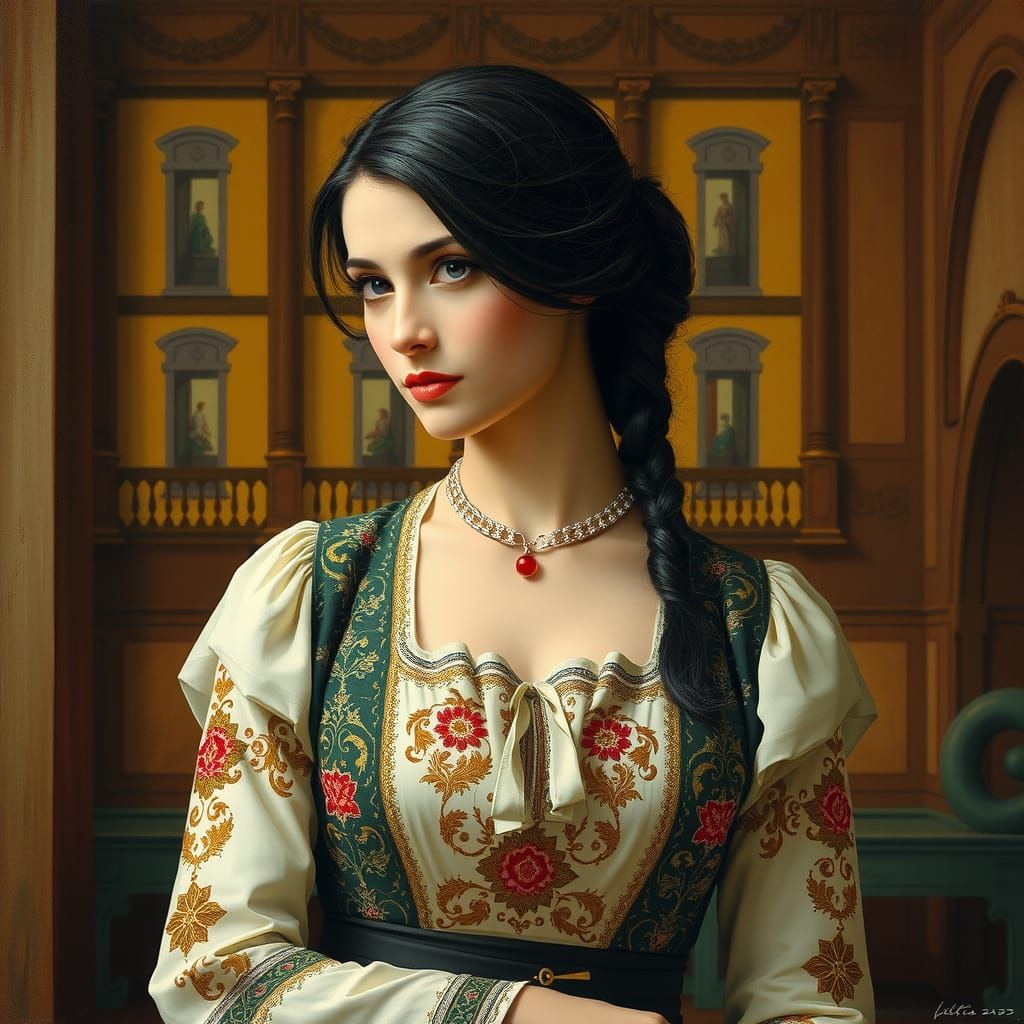 Elegant Woman in Gouache, Ukrainian Folk Art Style