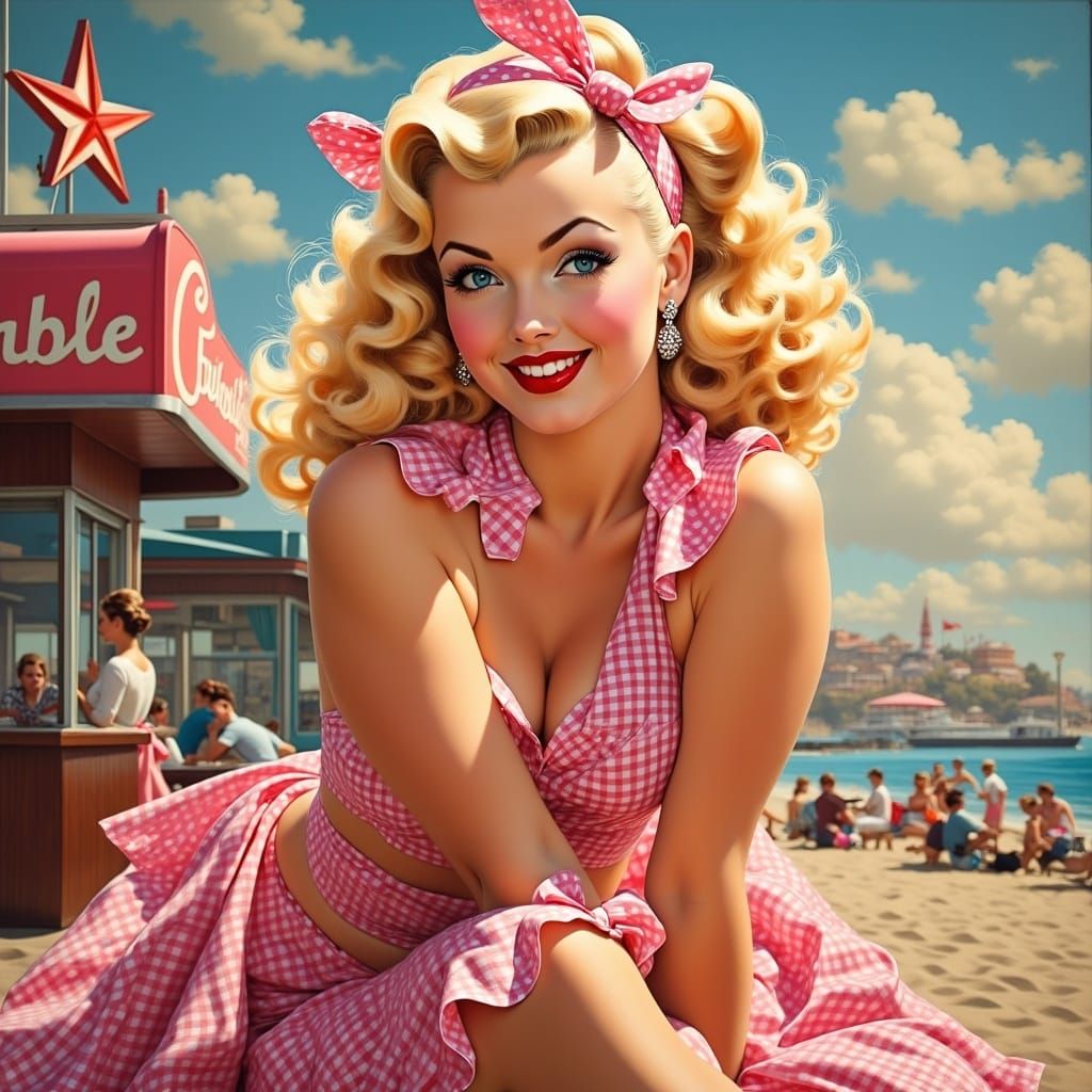 Sultry Pinup Woman in Vintage Gingham