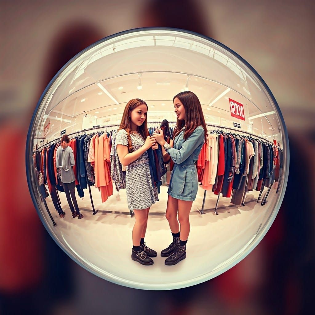 Girls in Glass Sphere at Fast Fashion Store
