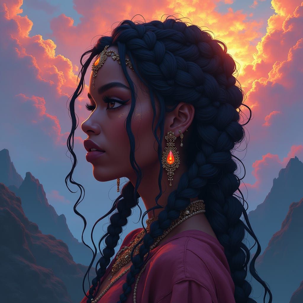 Hyper Melanated Woman in Vibrant Fantasy Landscape