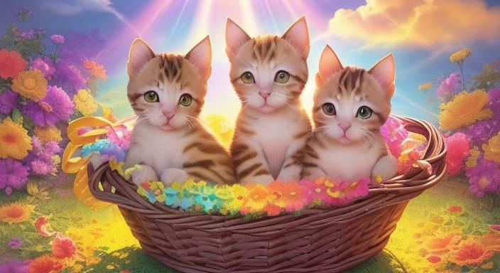 Hyperrealistic Kittens in Wicker Basket Bathed in Sunlight