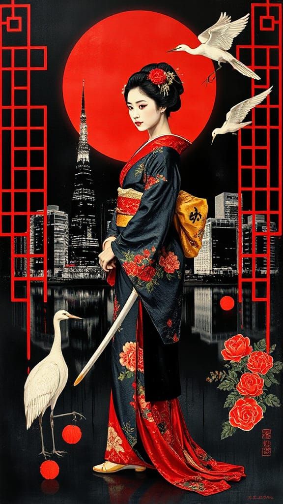 Elegant Geisha with Sword in Minimalist Style