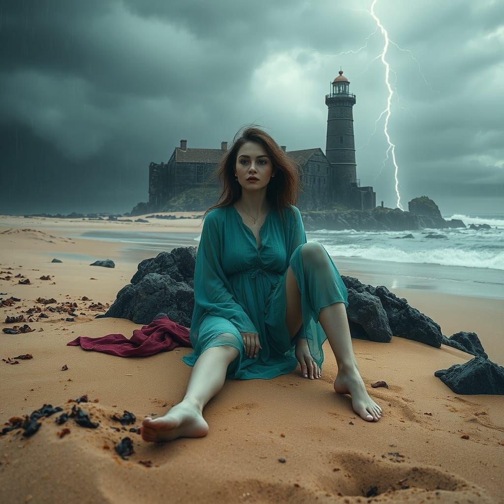 Oyster Woman on Ruined Beach, Dystopian Art