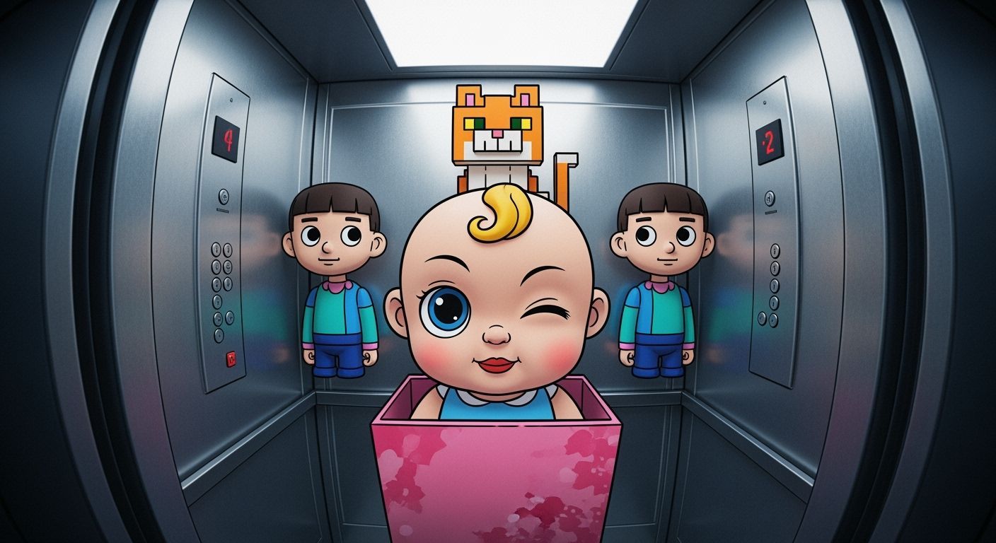 Distorted Fisheye Elevator with Baby Doll, Digital Art