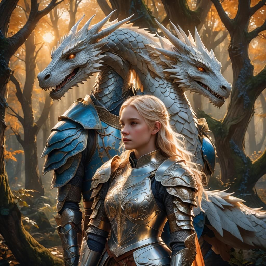 Girl in Armor Hugs Dragon: Fantasy Concept Art