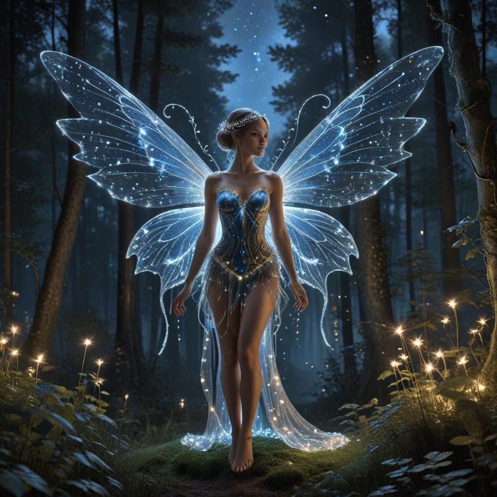 Shimmering Fairy Overlooking Forest at Night