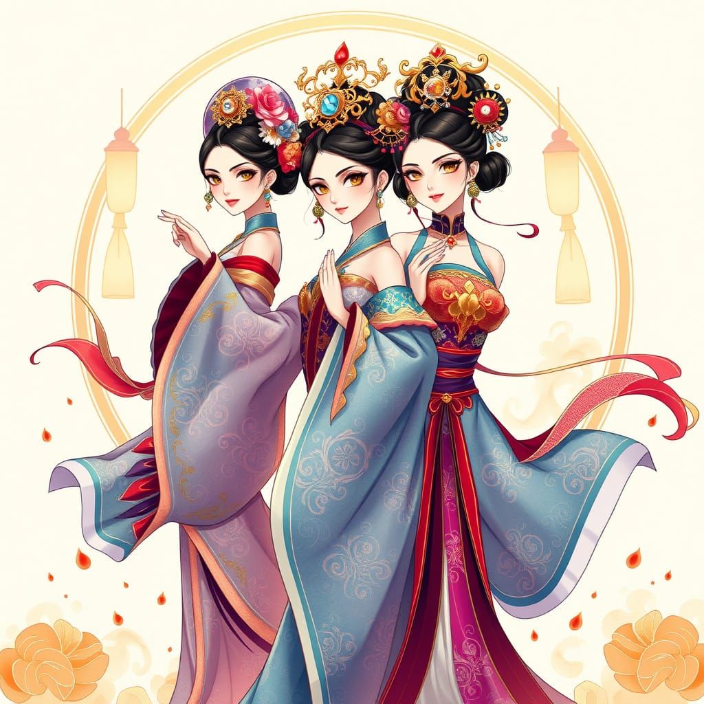 Stylized Anime Women in Traditional Beijing Opera Garb