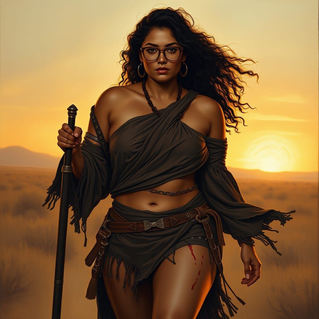 Indian Warrior Woman in Desert Battlefield, Oil Painting