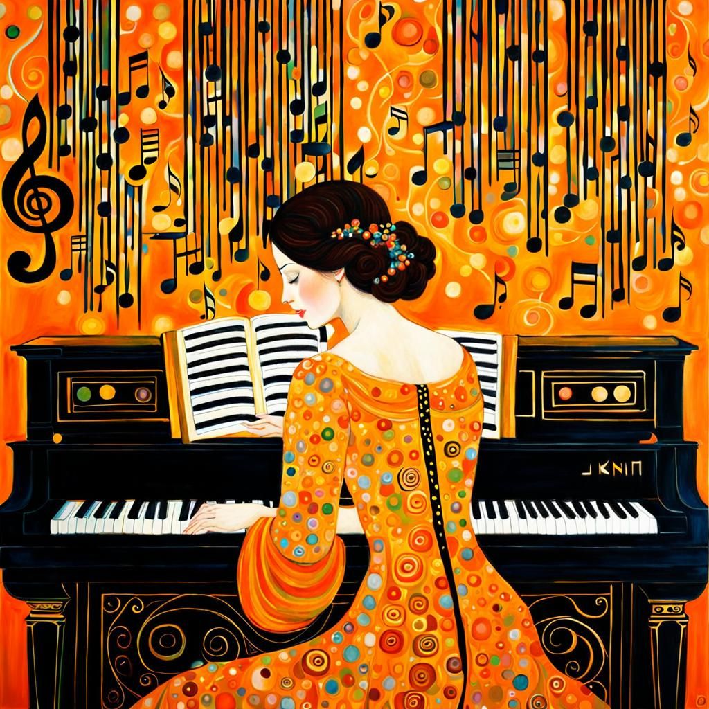 Girl at Piano in Art Nouveau Style