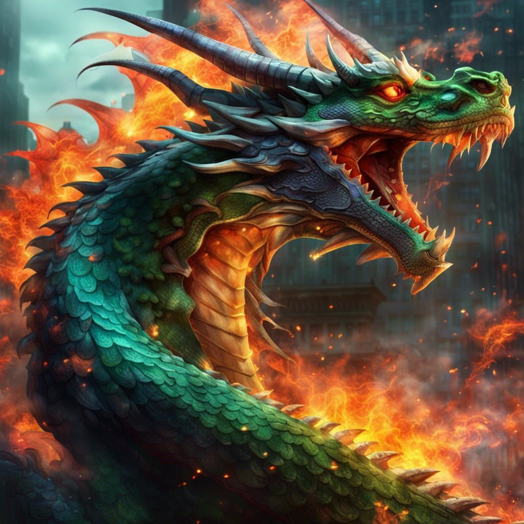 Green Dragon Breathing Fire Over Tokyo