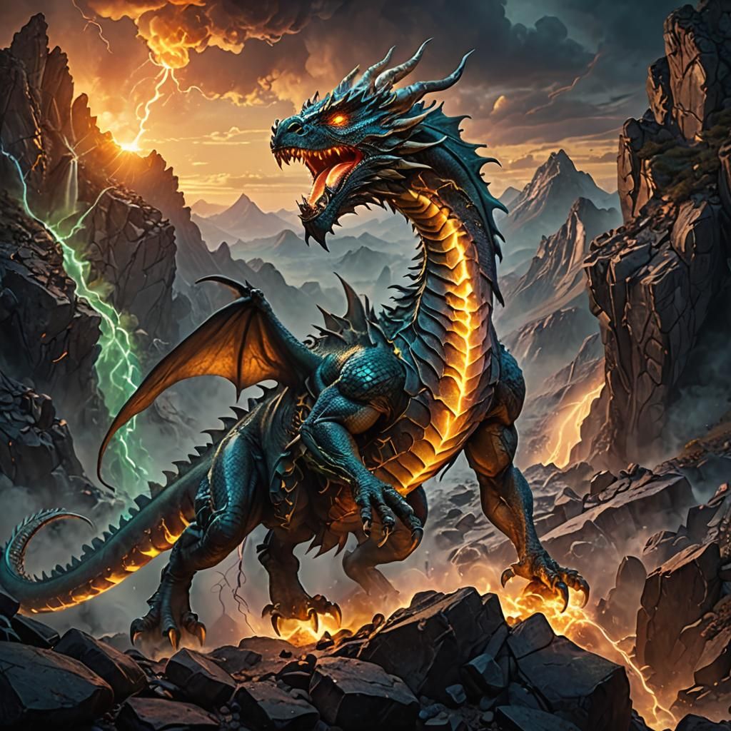 Majestic Electric Dragon Soars Through Dark Fantasy Landscap...