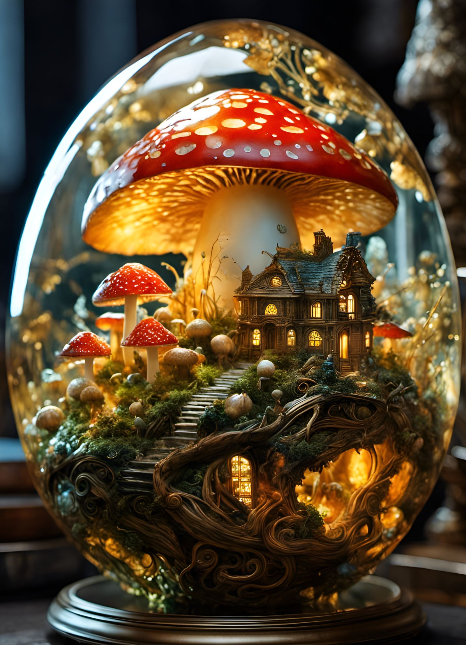 Golden Dragon Egg in Glowing Mushroom, Fantasycore Art