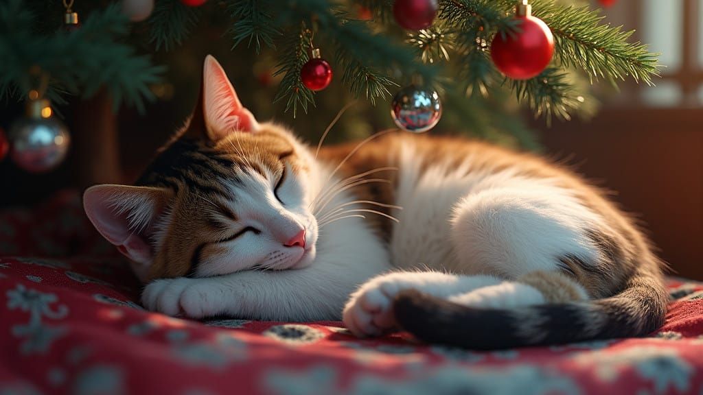 Festive Feline Slumber in Whimsical Holiday Scene