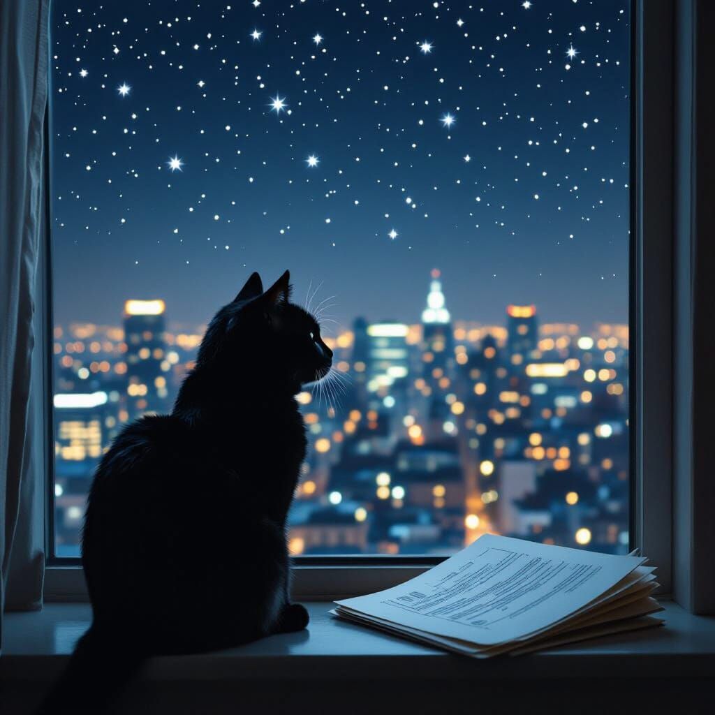 Black Cat Gazing at Night City Stars