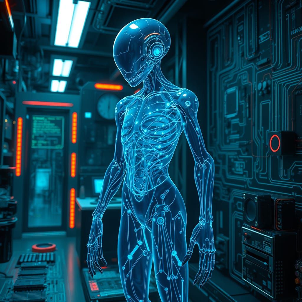 Glowing Cyborg Emerges from High-Tech Lab