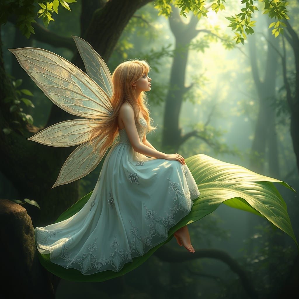 A photograph of a delicate fairy perched on a large green le...