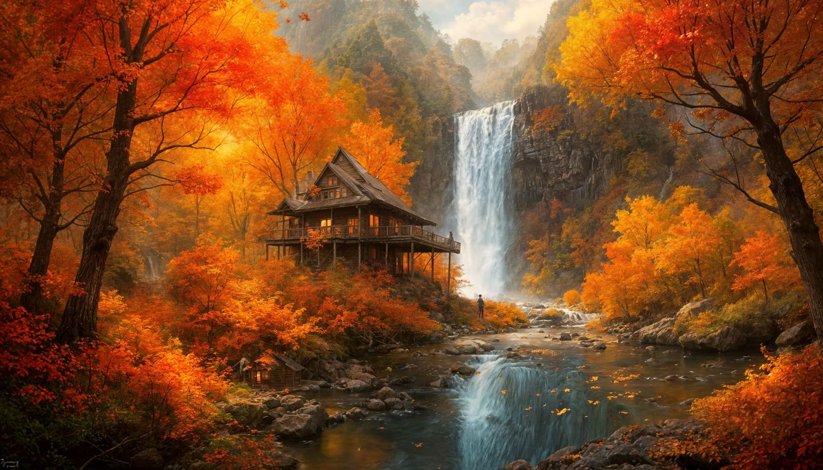 Cozy Cabin Surrounded by Autumn Waterfalls