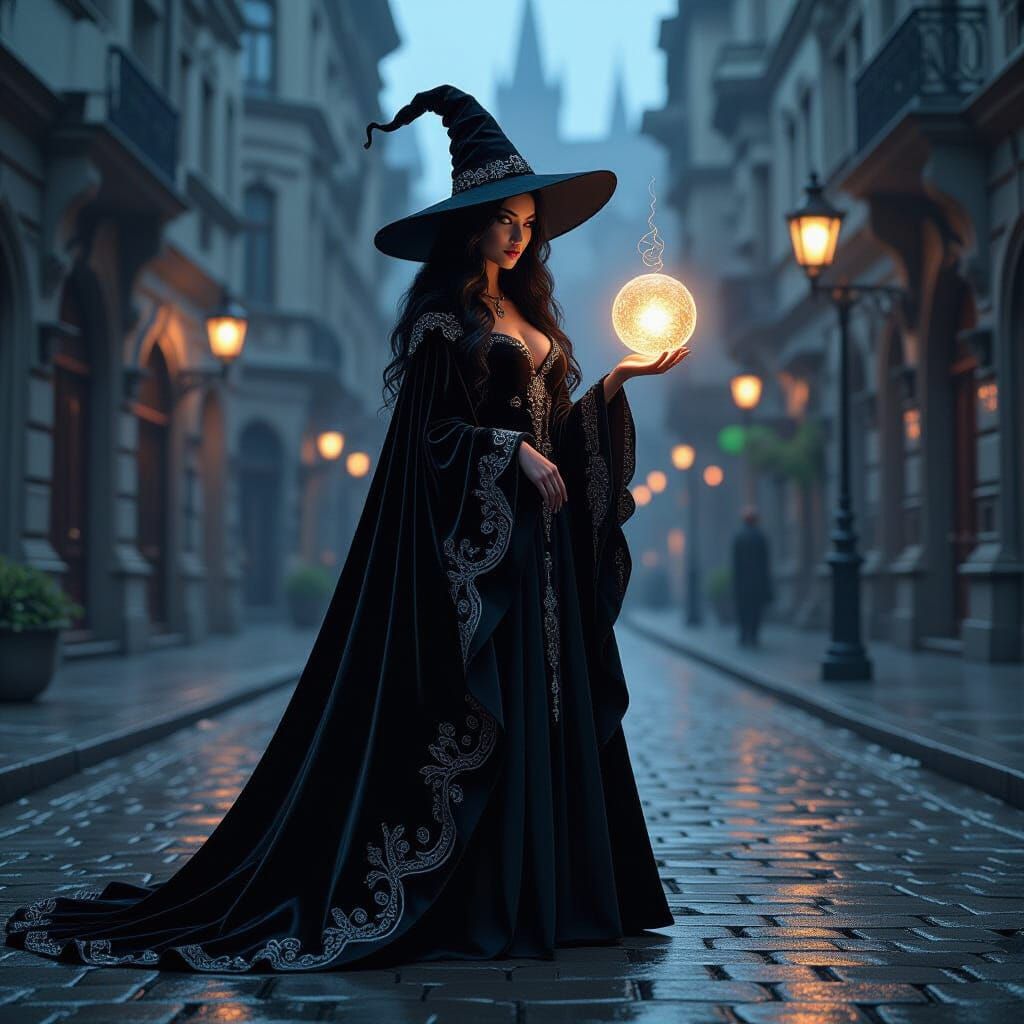 Gothic Witch on Cobblestone Street with Glowing Orb