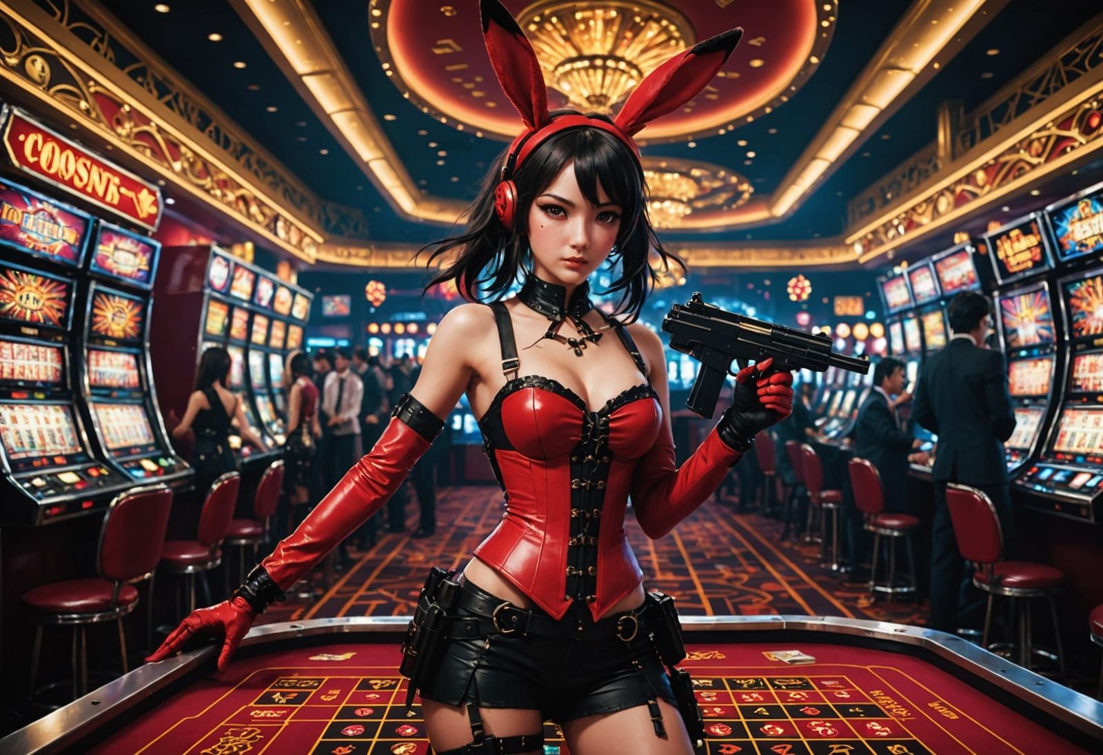 Anime Bunny Girl in Chaotic Casino, Cel-Shaded Style