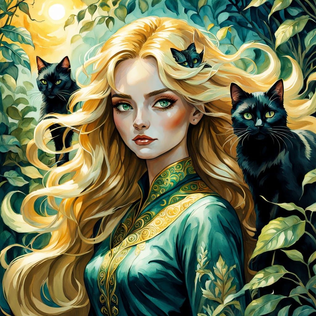 Golden Goddess in Whimsical Forest Dreamscape