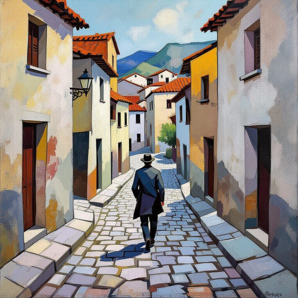 Cubist Wanderer on Dilapidated Street