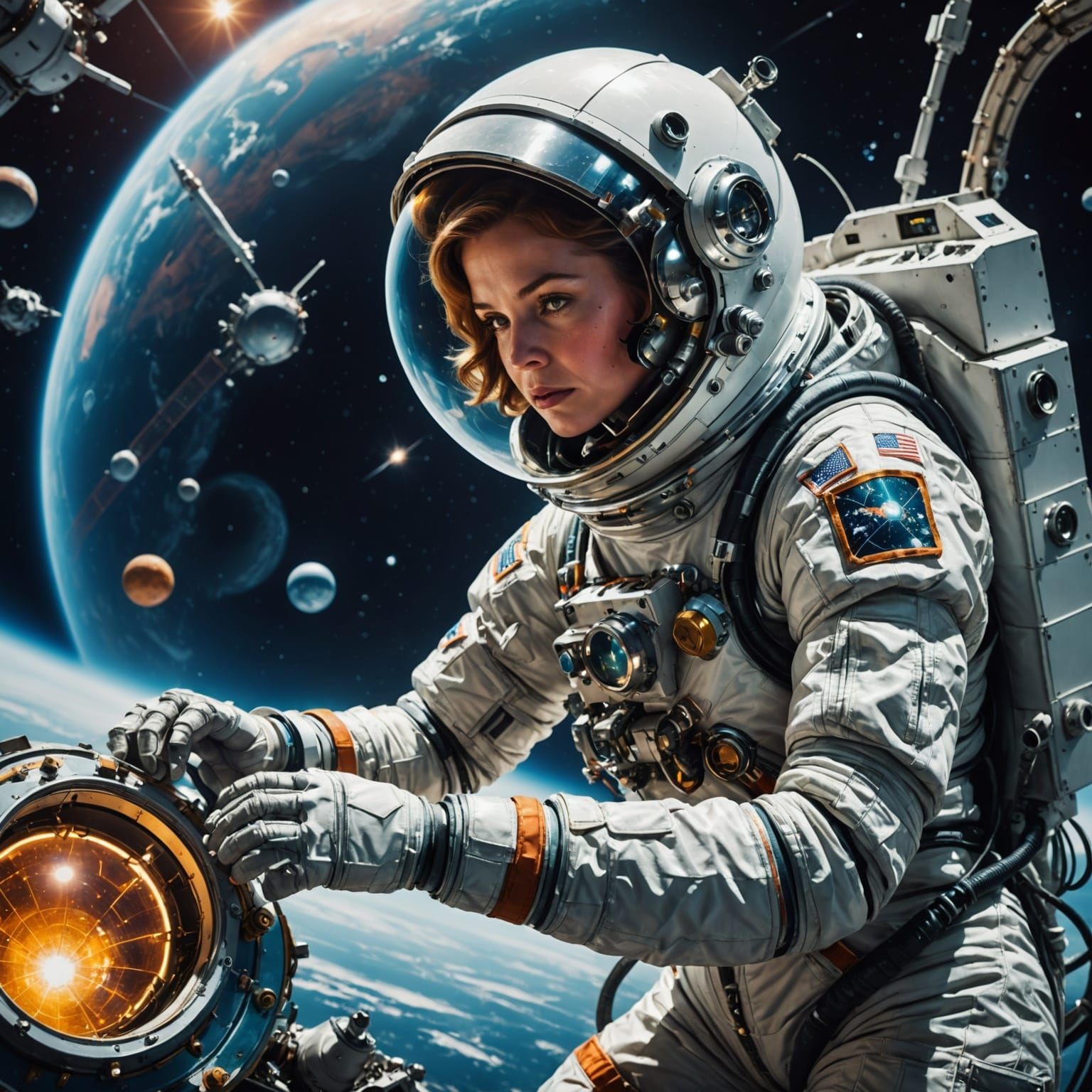 Retro Astronaut Maintaining Satellite in Earth Orbit