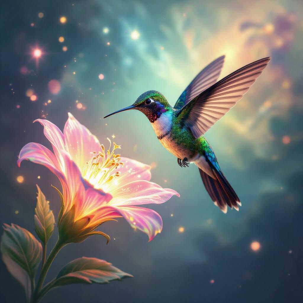 Hummingbird Sips Nectar From Glowing Alien Flower in Nebula
