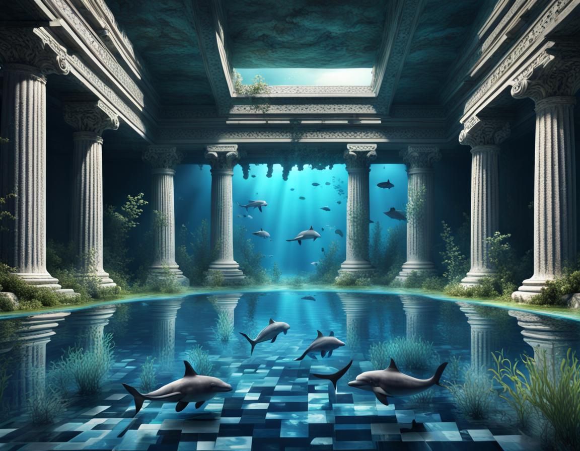 Underwater Roman Ruins with Dolphins and Fish