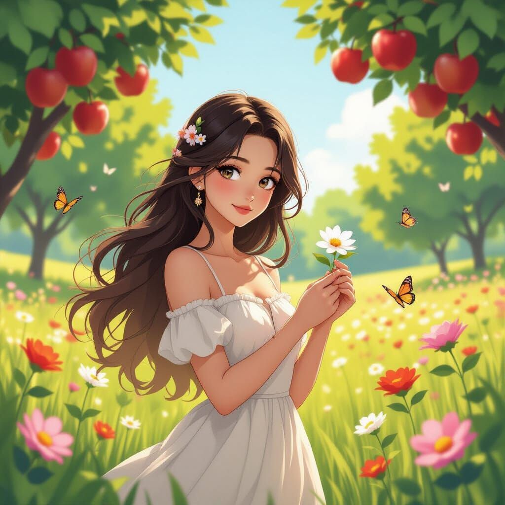 Anime Girl in Flower Meadow with Apples and Butterflies