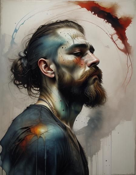 Abstract Portrait of Man with Bun in Expressionist Style