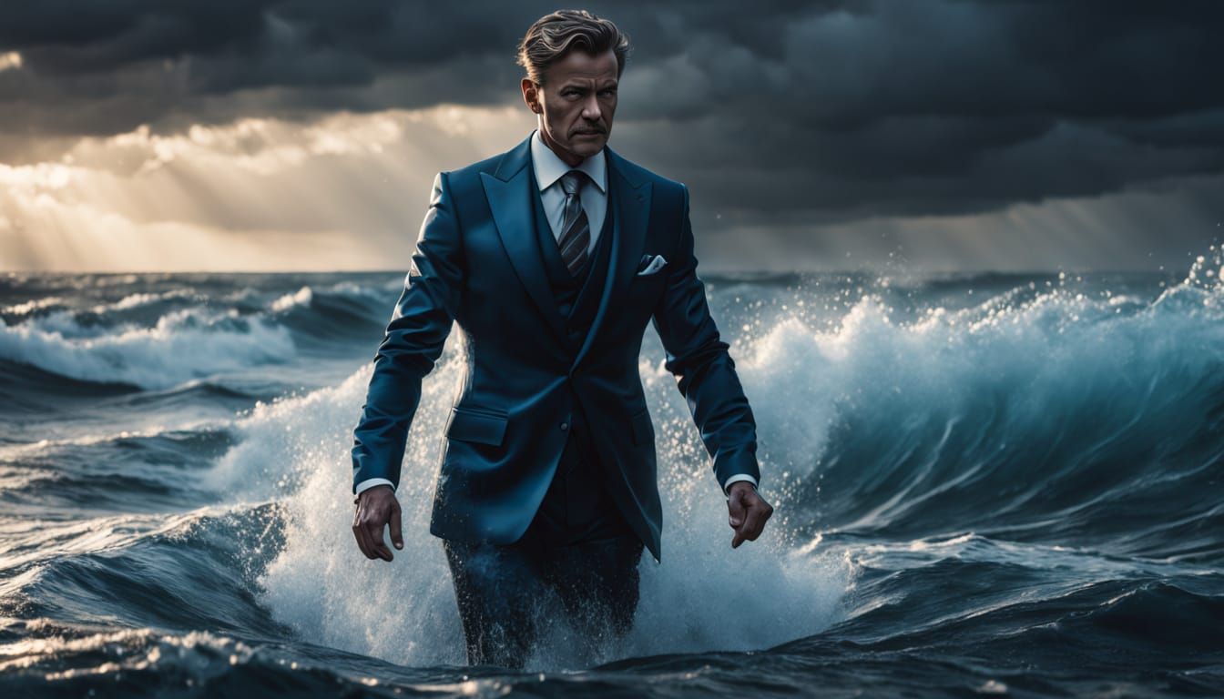 Man In Water Suit Amidst Stormy Sea