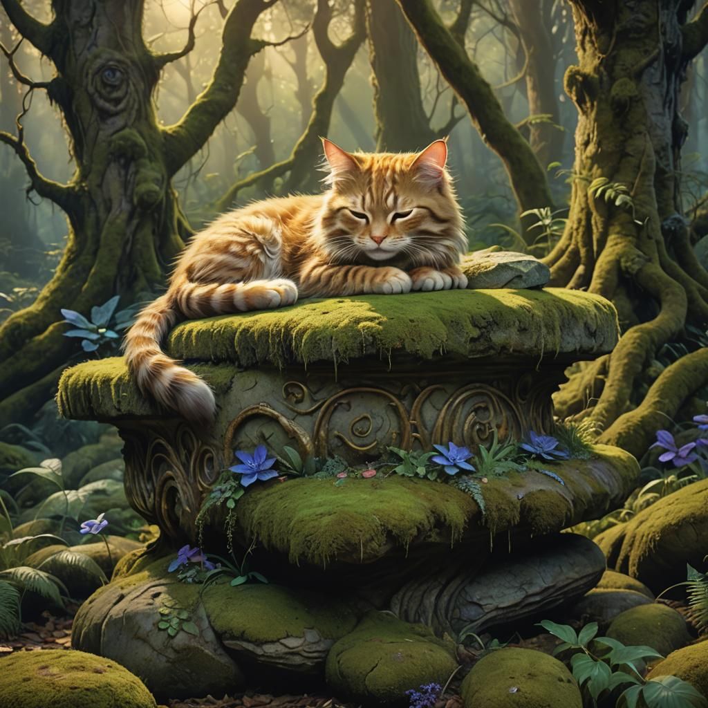 Cat Nap in Mystical Forest, Digital Matte Painting