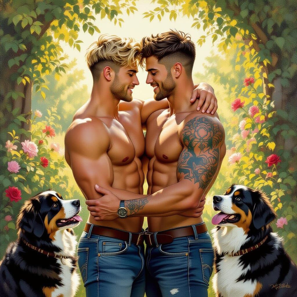 Tattooed Men Embrace in Sunlit Garden with Dogs, Oil Paintin...