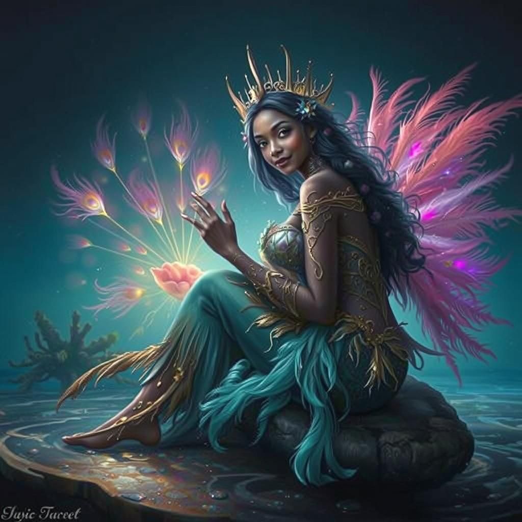 Ethereal Mermaid with Peacock Feather Tail