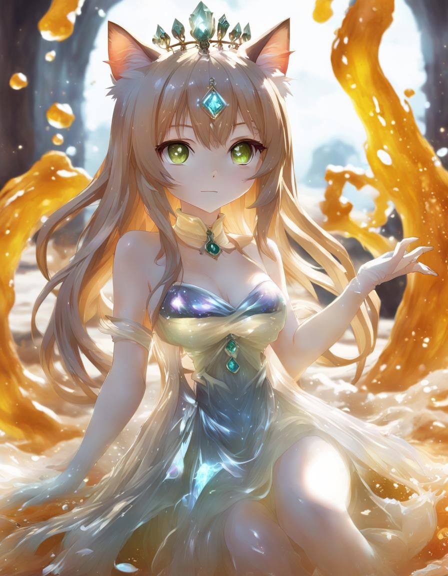 Adorable Slime Catgirl in Fantasy Dungeon