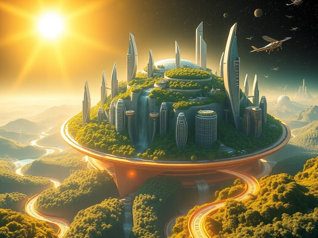 Dyson Sphere Cityscape in Vibrant Solarpunk Style