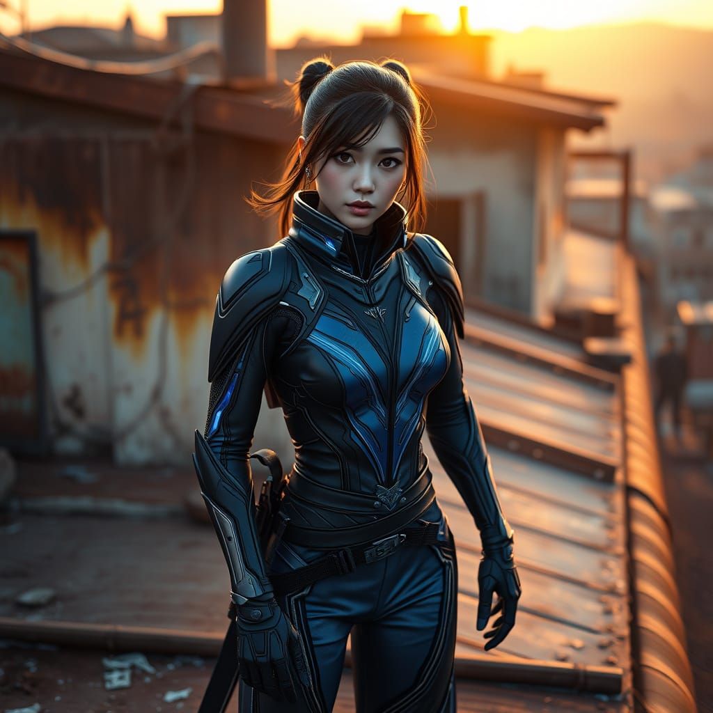 Chinese Superheroine in Elegant Ninja Suit at Sunset