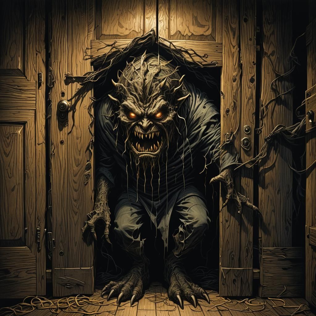 Eerie Monster Hiding in Wardrobe: Dark Fantasy Art