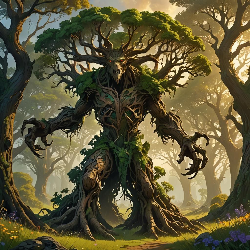 Colossal Treant Marching to War at Sunset