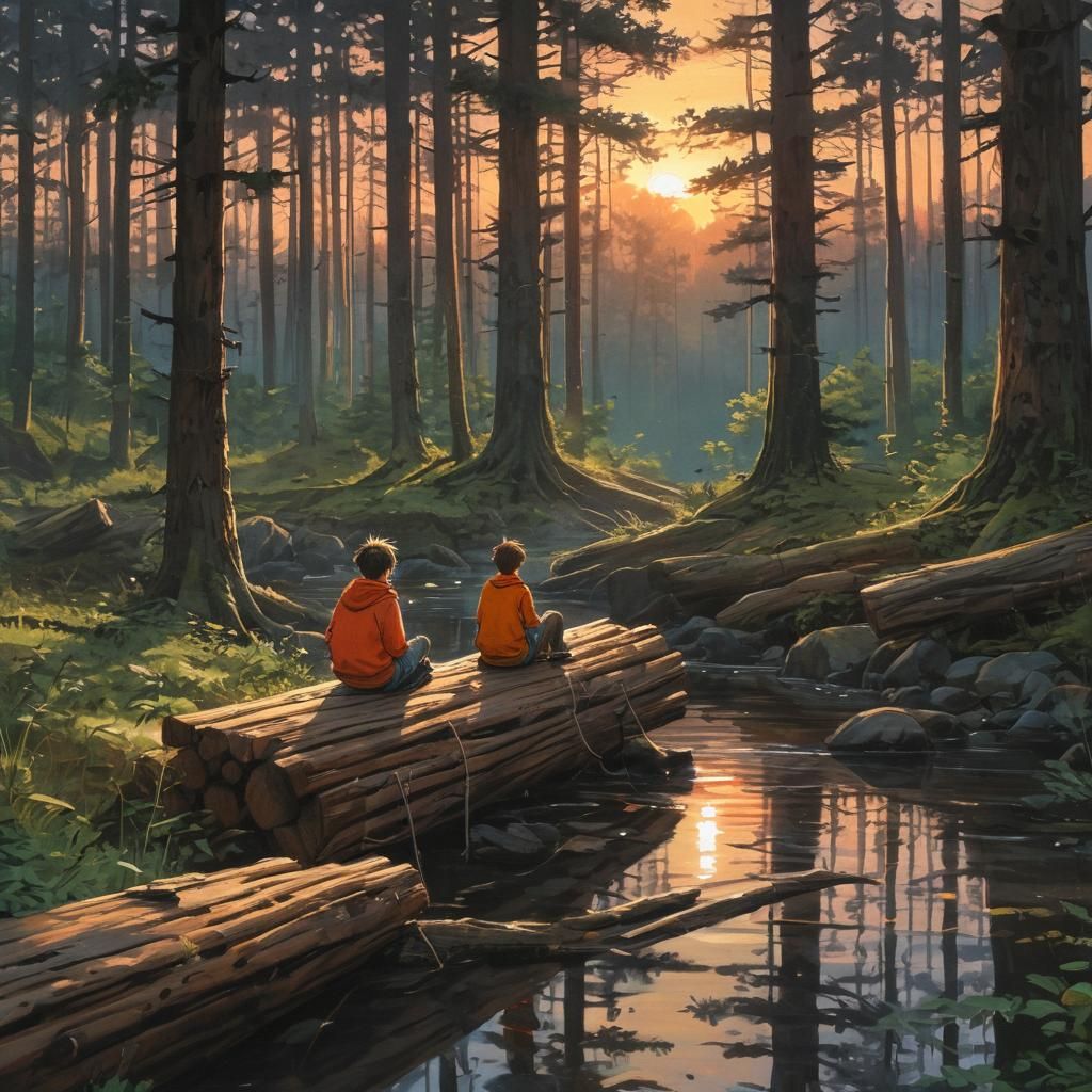 Calvin and Hobbes Sunset in Anime Watercolor Style