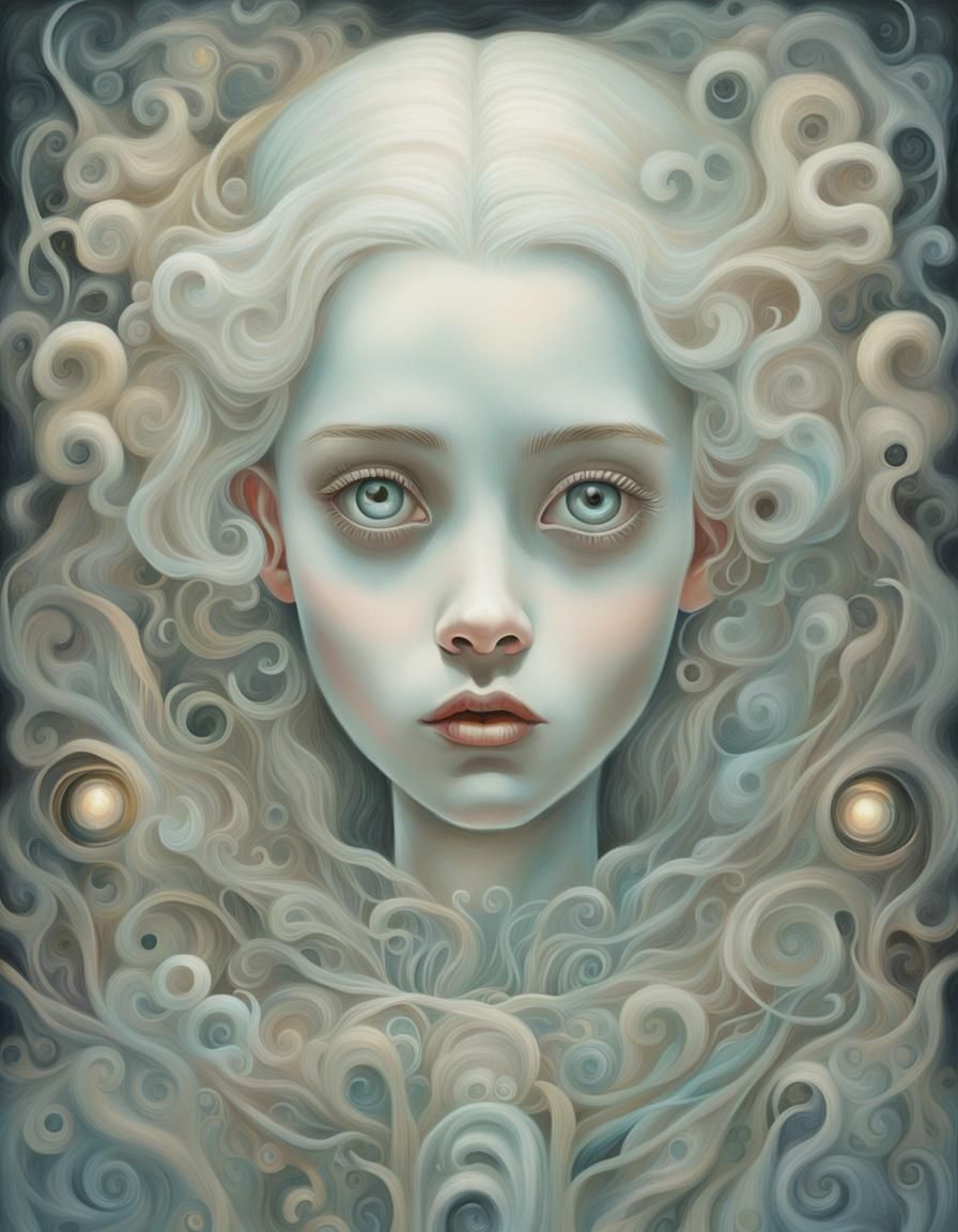 Ghostly Girl: Vintage Gouache Painting in Surreal Style
